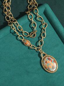 Juego de joyas vintage chapado en oro de 18 quilates con collar, aretes y anillo con diseño bohemio de conchas, mapa náutico y colorido