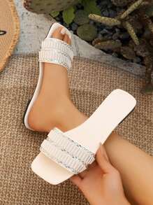 Ruched Rhinestone Decor Casual Slippers For Women, Square Toe Flat Strap Summer New Style Fashion Slides - White - View 4
