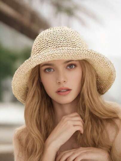1pc Foldable Hand-Woven Straw Hat, Large Brim Summer Beach Sun Protection Hat For Women, Korean/Japanese Style