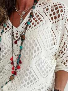 Plus Size Women V-Neck Batwing Crocheted Cover Up - Lightweight, Hollow-Out Design, Suitable For Spring/Summer Vacation, Thin Casual Solid Color - White - View 4