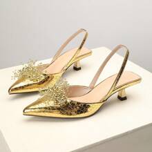 OMS Pointed-Toe Stiletto Heels For Women, 2025 Spring/Summer New French Style Open-Toe Breathable Backless Mid-Heel Dress Shoes, Elastic Band, Gold, Lightweight And Breathable For All Seasons