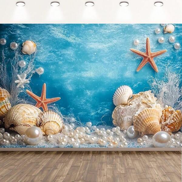 1 Piece Of Ocean Blue Background With Shells And Pearls - Vibrant Underwater Beach Party Decoration, Made Of Polyester Material, Perfect For Birthdays, Festivals, Theme Events, Beach Accessories