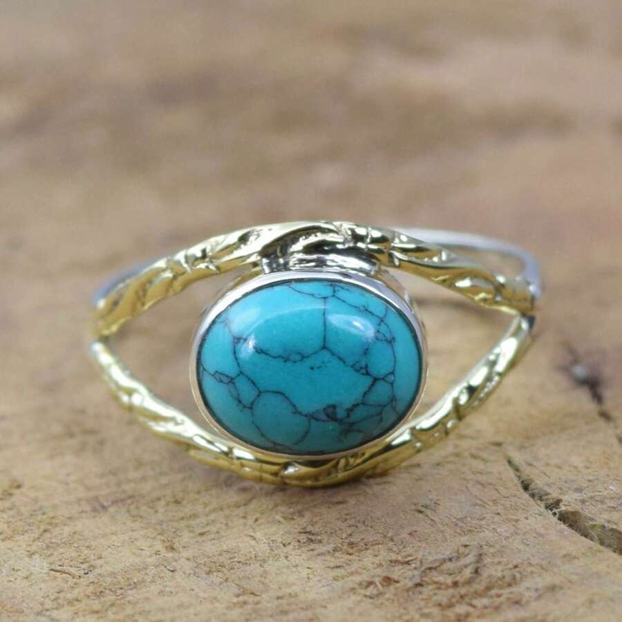 925 Sterling Silver And Brass Onyx Gemstone Jewelry Ring ~ December Month Birthstone ~ Natural Crystal Gemstone Ring ~ Gift For Valentine Day - 綠松石 - 查看 1