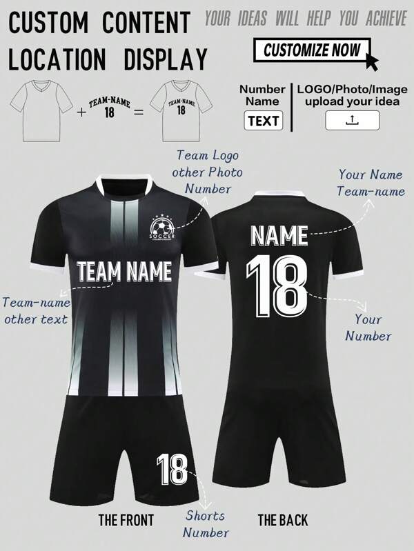 2pcs Personalized Tween Boys Soccer Jersey- Customized Name,Number And Picture Print Short Sleeve T-Shirt+Shorts Sports Set Spring/Summer