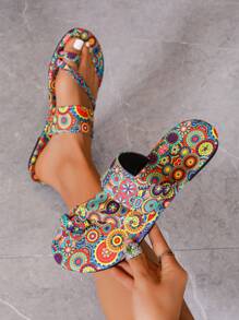 Women's Bohemian Style Sunflower Pattern Hook And Loop Design Flat Sandals, European & Fashion, Casual, Retro, Peep Toe