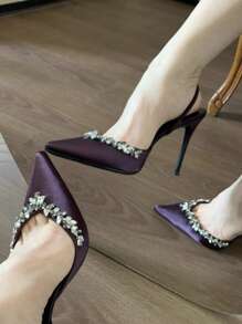 2026 Spring/Autumn New Pointed Toe Purple Stiletto High Heel Satin Rhinestone Strap Slip-On Sandals For Women - Purple - View 5