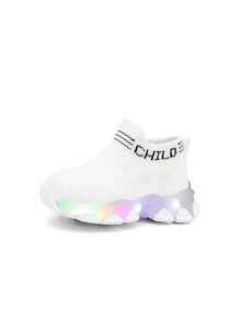 婴儿经典透气面料鞋面，英文文字条纹一脚蹬日常跑步鞋，四季皆宜 - 白色 - 查看 10