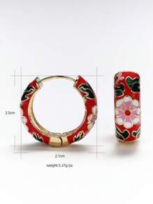 1 对时尚优雅复古花卉油滴环耳环