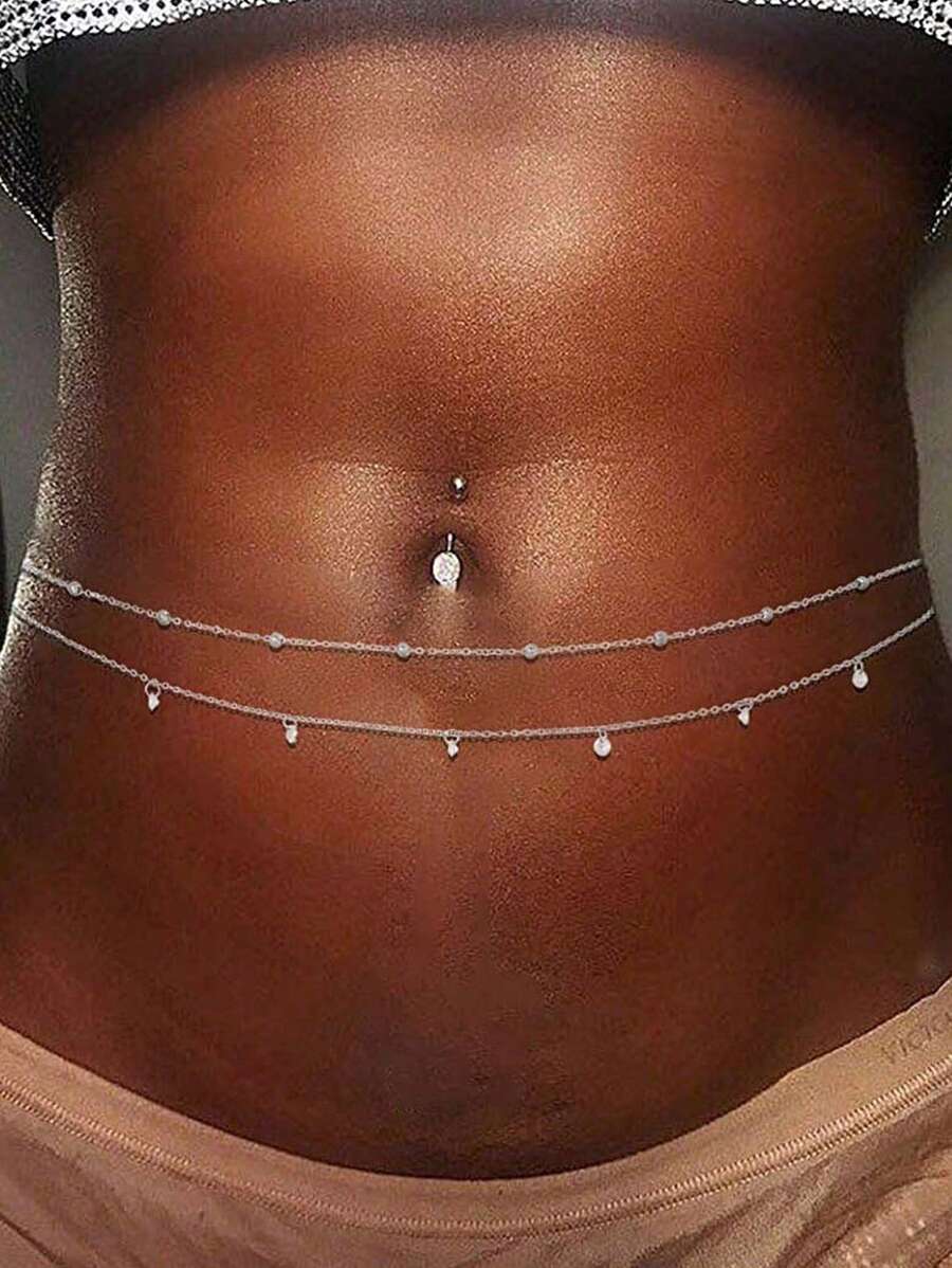 Thắt lưng xích trang trí bằng đá Rhinestone & Pearl dành cho nữ, thời trang gợi cảm đa năng, dùng cho tiệc tùng, bãi biển, trang phục hàng ngày, quà tặng ngày lễ - Bạc - Xem 1