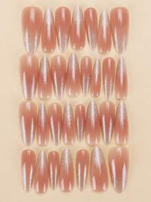 30片杏仁形美甲贴片，渐变猫眼可爱时尚法式/韩式美甲贴纸，新款时尚美甲贴片，包含1片果冻胶和1片防滑贴纸，适合派对、舞会、日常休闲佩戴，可重复使用且可卸除，美甲用品 - 彩色 - 查看 4