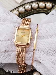 2pcs/Set: Elegant Fashion Women's Quartz Watch With Roman Numeral Dial And Minimalist Steel Band + One-Piece Bangle Bracelet, Suitable For Daily Wear, Birthday, Anniversary, Christmas, Valentine's Day Gifts