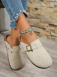 Lightweight Comfortable Non-Slip Casual Slip-On Sandals With Elegant Printed Upper Design, Suitable For Outdoor All Seasons, Round Toe Flat Slippers For Women