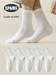 5 Pairs/10 Pairs Men's Neutral Mid-Calf Socks, High Elasticity, Antibacterial & Odor-Resistant, Solid Black/White/Gray Simple Cotton Socks Suitable For Casual, Daily, And Business Wear