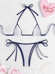 Heißes Dessous-Set mit Kontrastbesatz, Mikro-Dreieck-Neckholder-Bikini mit Bindeband, BH und Tanga, sexy Dessous und Unterwäsche für Damen