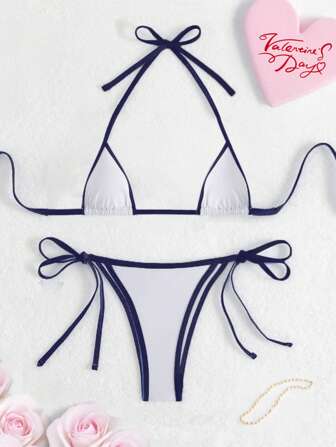 Contrast Trim Sexy Lingerie Set, Mini Triangle Camisole Tie Bikini Bra And Thong, Women's Sexy Underwear, Essential Sexy Item For Halloween And Christmas