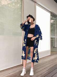 时尚斗篷薄款日式风春夏鹤印花前开中长和服罩衫男女通用轻便外套复古风格连衣裙长袍沙滩罩衫防晒霜带 3/4 袖 - 藍色 - 查看 3