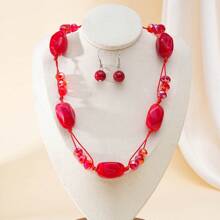 3pcs/Set Fashionable Bohemian Handmade Woven Geometric Resin Crystal Beaded Necklace And Earring Jewelry Set - Irregular 3-piece Set (necklace + Earrings) - View 3