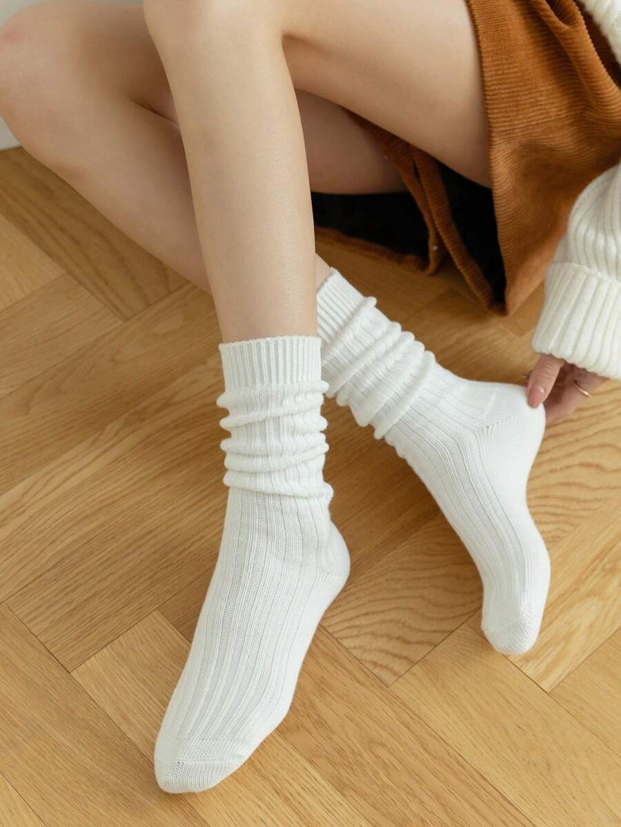 1 Pair Solid Color Simple Thick Mid-Calf Socks, Suitable For Everyday Wear, Fall