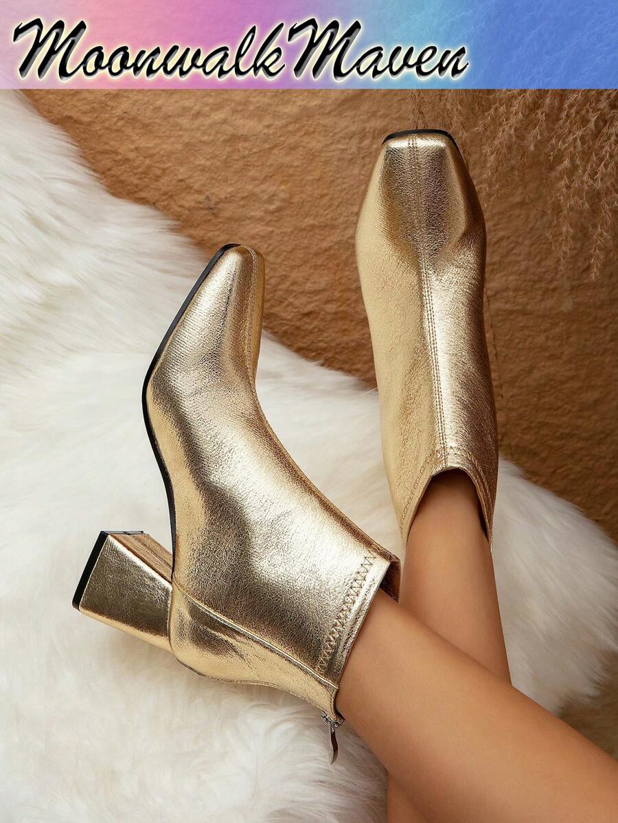 女士时尚新款踝靴，百搭性感约会舒适粗跟方头短靴，Coachella - 金色 - 查看 1