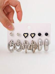 12pcs Fashion Elegant Unique Silver Heart/C-Shaped Earrings, Jewelry Set, Suitable For Women Everyday Wear - 12-piece Set - View 3