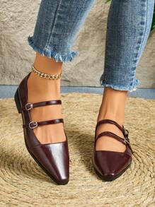 Xin Jing Shoes 女士平底鞋，时尚扣环休闲平底一脚蹬鞋，适合通勤和休闲 - 酒紅色 - 查看 4