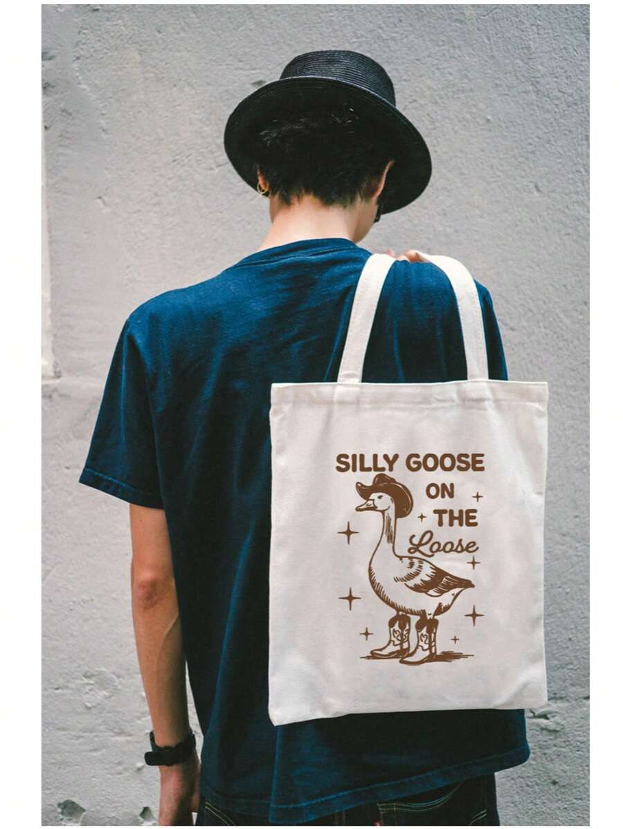 Fashionable And Simple Style Letters, Animals, Fishing, Bows, Ducks, Dinosaurs, Dogs And Other Elements Printed Canvas Bags, Shopping Handbags - Multicolor - View 1