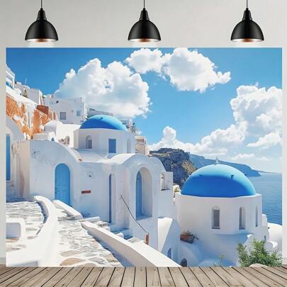 1 szt. Tło plażowe z poliestru w stylu Santorini z niebieskimi kopułami i białą architekturą - idealne do dekoracji wnętrz i na zewnątrz, fotografii i przyjęć o tematyce nadmorskiej