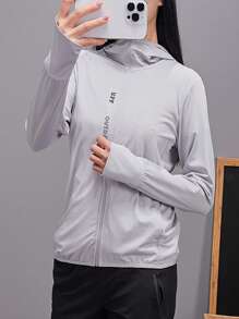 女士轻薄连帽夹克，带拇指孔设计，背面印花，灰色，夏季