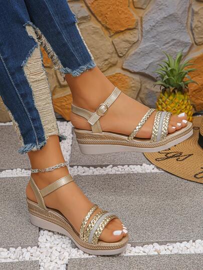 Sandalias de cuña de moda para mujer con correa trenzada dorada de PU, cómodas, adecuadas para uso diario, viajes al aire libre, elegantes, con un estilo versátil y plataforma