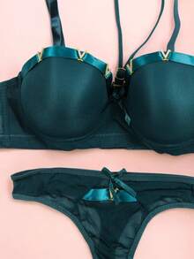 Beautiful Bra And Thong Set With Details In Mesh Fabric With Metal Appliqués, Sexy Lingerie, Various Colors, Comfortable And Of The Best Quality, Soft And Comfortable, To Show Off That Incredible Body. - 綠色 - 查看 2