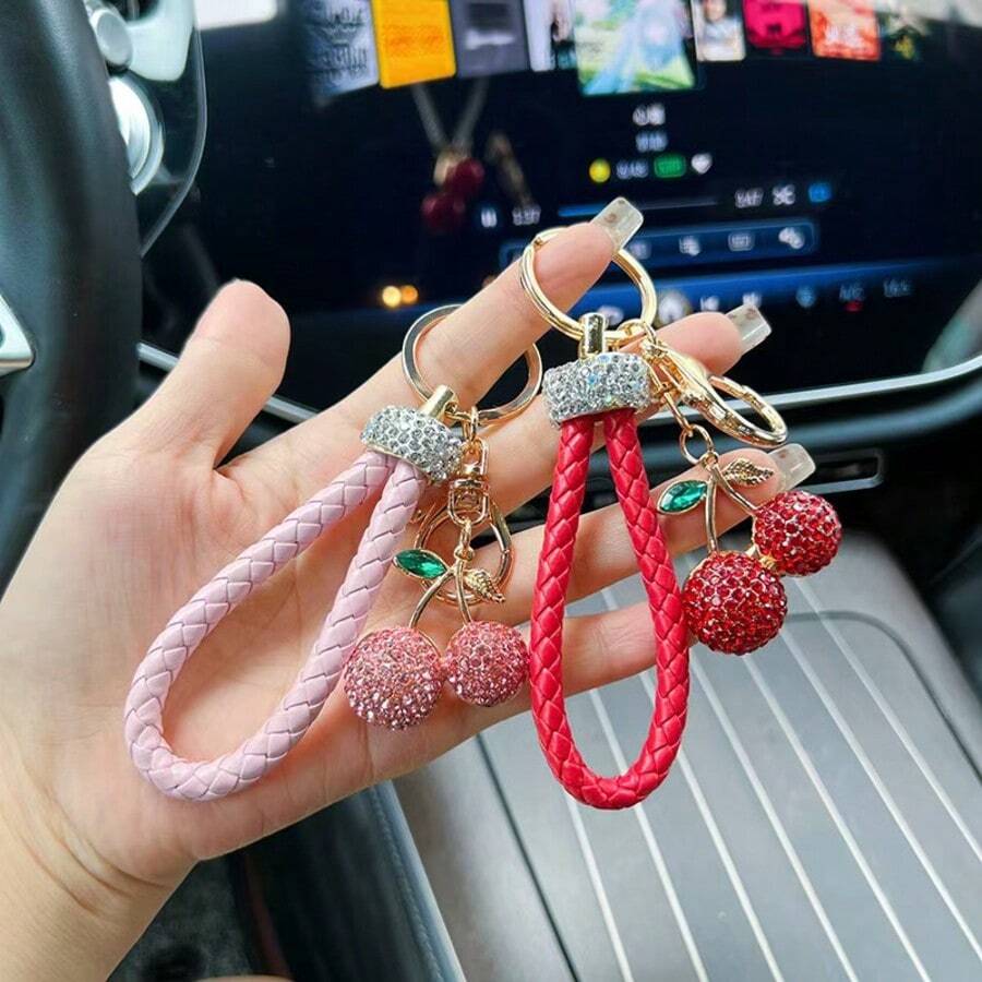 Cherry-Shape Keychain With Zirconia Accent, Alloy Fruit Keyring Decor For Car & Bag Accessories, Unique Women Keychain