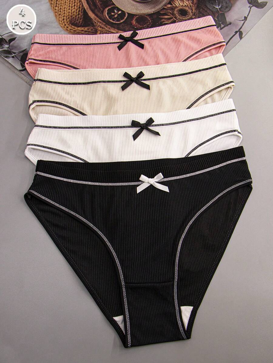 4 piezas Bragas triangulares deportivas sueltas y cómodas con diseño de lazo de seda de leche para mujeres - Multicolor - Ver 1
