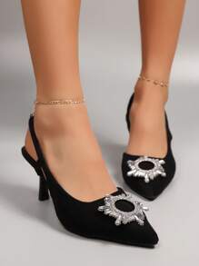 Tacones altos de mujer, tacones de aguja de punta fina para mujeres, zapatos casuales con hebilla, strass y en estilo de zapato bajo, zapatos negros formales de vestir para el trabajo, tacones sexy, sandalias de mujer con tiras huecas en la parte trasera