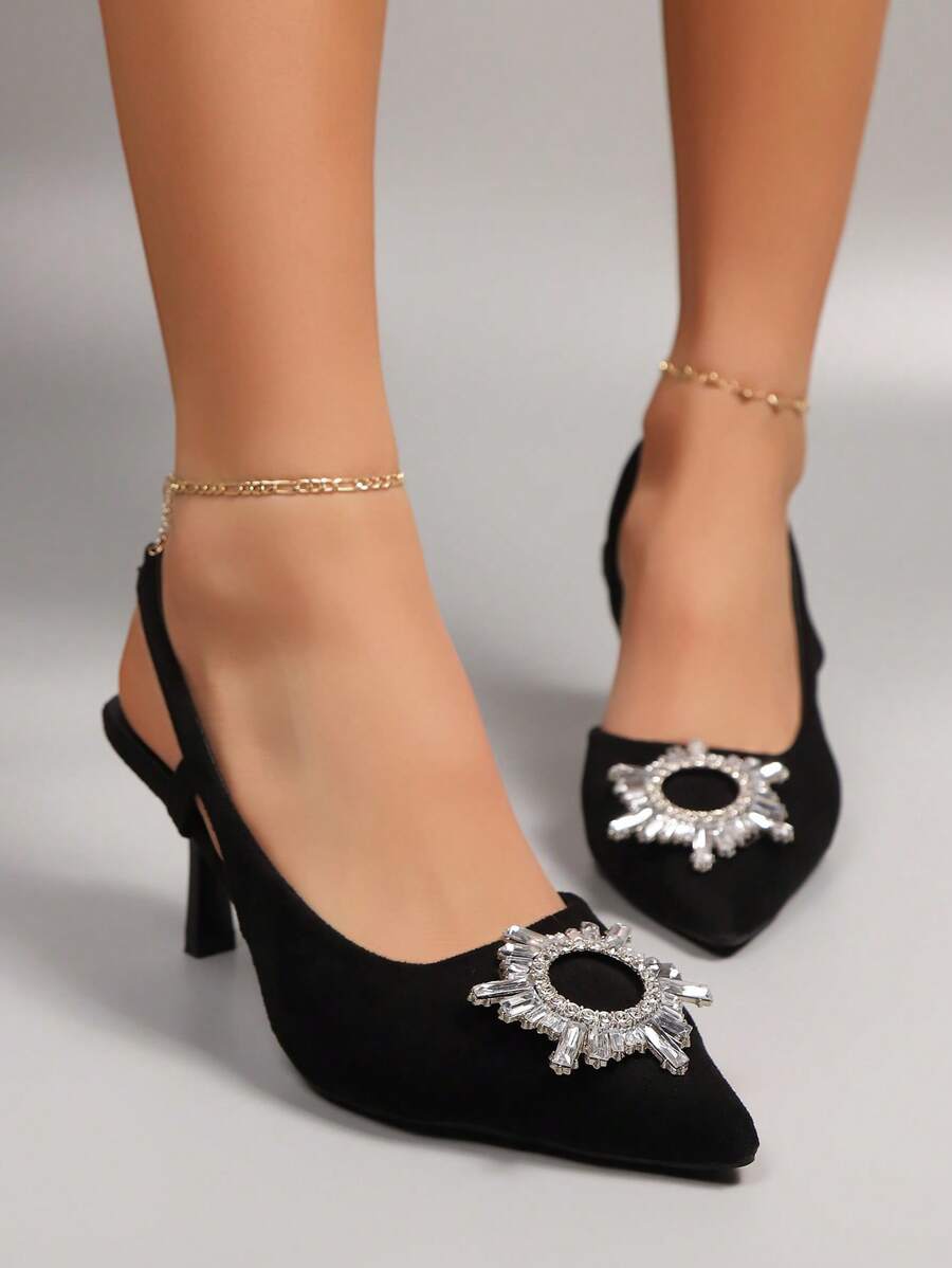 Tacones altos de mujer, tacones de aguja de punta fina para mujeres, zapatos casuales con hebilla, strass y en estilo de zapato bajo, zapatos negros formales de vestir para el trabajo, tacones sexy, sandalias de mujer con tiras huecas en la parte trasera