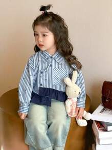 Girls & Young Girl' Stylish Vertical Striped Asymmetrical Shirt For Spring & Autumn - Blue - View 1