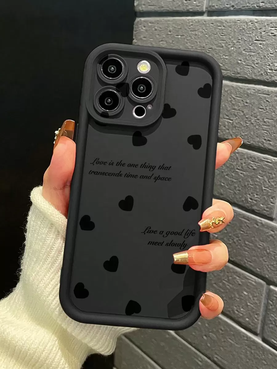 1 件优质微型心形图案米色砂纸微孔防震手机壳适用于 Apple/Redmi/Infinix/Vivo 防水防摔防刮 - 黑色 - 查看 1