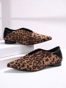 Women's Pointed Toe Flat Shoes, Fashion Black Leopard Print Low Chunky Heel Slip-On, Suitable For Office, Casual, Street, Party & Four Seasons Wear