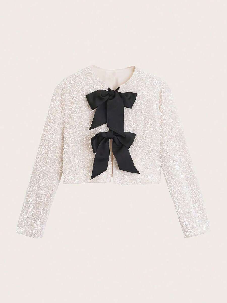 Women's Sparkling Bow Decor Short Jacket - Apricot - View 1