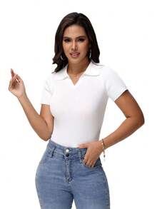GEREARC Women's Casual Ribbed Notched Neck Short Sleeve T-Shirt - 白色 - 查看 3