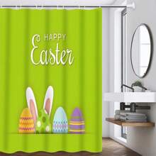 1/4pcs Colorful Rabbit, Egg, Happy Letter, Floral Print On Green Background, Easter Elements Waterproof Shower Curtain Set With 12 Hooks, Waterproof Polyester Fabric, Machine Washable, Rustproof Grommets Top, Unlined Woven Shower Curtain, Suitable For Bathroom Decor, Home Decor Bathroom Accessories
