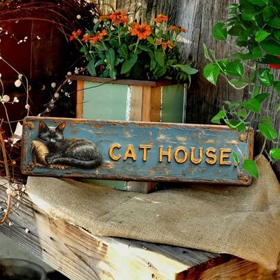 1pc Vintage Charming "Cat House" Metal Sign, Funny Metal Poster, 2D Flat Printing, Multipurpose Metal Decor, Pre-Drilled Holes For Easy Hanging, Suitable For Room, Home, Kitchen, Office, Garden, Outdoor, Bedroom, Living Room, Cafe, Restaurant, Garage, Bar Decoration