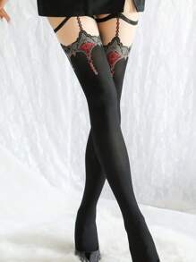 1 Pair Sexy Contrast Red Edge Thigh High Stockings With Garter Belt
