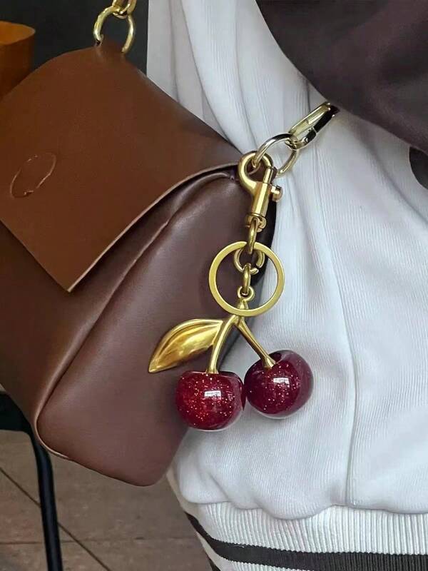 1 pieza Colgante grande de cristal de cereza, colgante de llavero con broche, accesorio de joyería de llavero con forma de cereza brillante, resina brillante y metal, apto para carteras y bolsos de mujer, artículos escolares