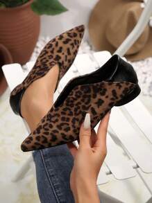 Women's Pointed Toe Flat Shoes, Fashion Black Leopard Print Low Chunky Heel Slip-On, Suitable For Office, Casual, Street, Party & Four Seasons Wear
