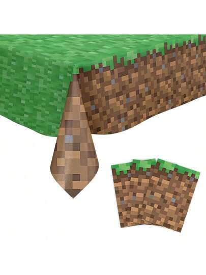 Toalha de mesa de grama com padrão pixel, toalha de mesa retangular descartável, à prova d'água e óleo para festas, decorações de aniversário, toalha de mesa de gramado verde