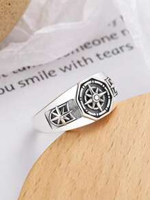 Adjustable Vintage Compass Ring, Open Star Design, Punk Jewelry Gift, Men's Fashion Accessories, Alloy, No Plated Precious Metal, No Inlay, Single Band Style - Compass Open Ring - View 5