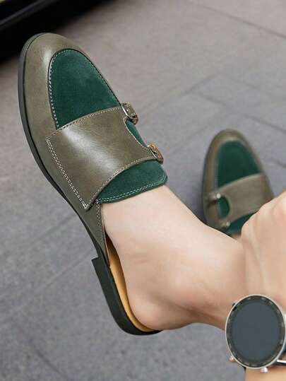 Men's Green Patchwork Monk Summer Leather Formal Dress Slip-On Mules Sandals