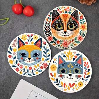 6pcs/Set Bohemian Style Wooden Cat Coasters, Decorative & Suitable For Coffee, Tea, Drinks - Ideal Choice For Home, Cafe, Housewarming, Perfect Gift For Parents, Friends