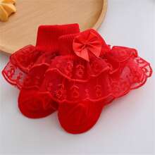 Baby Girls Ruffle Lace Socks, Super Soft Infant Ankle Socks Princess Dress Socks With Bow - Red - View 2