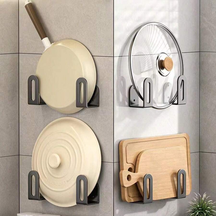 2 Pieces Wall-Mounted Pot Cover & Utensil Holder - No-Drill Installation, Multi-Purpose Cutting Board Storage, Space-Saving Kitchen